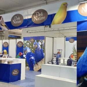 Stand modulare con rivestimento grafico e bancone espositivo